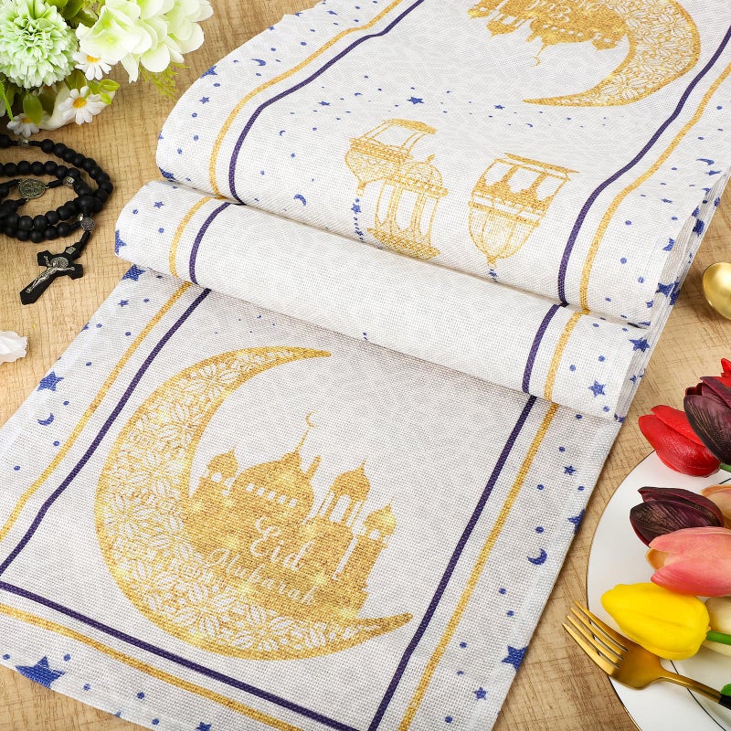 Hedeey Eid Mubarak Table Runner Decoration, Ramadan Mosque Gold Moon Stars Islamic Happy Holiday for Dining Party Table Decorations Home,13x72 Inches (Beige) - Image 5
