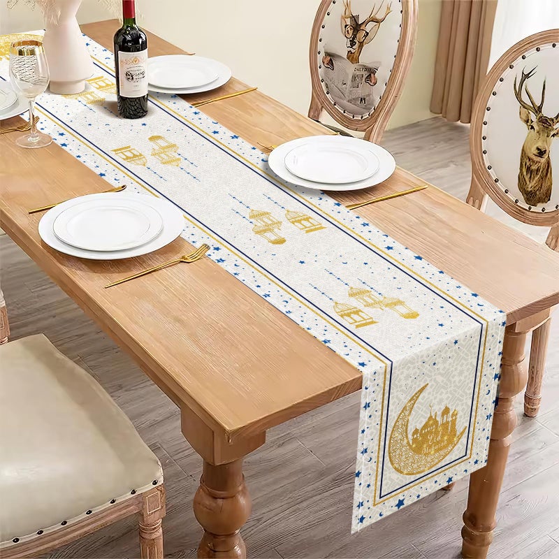 Hedeey Eid Mubarak Table Runner Decoration, Ramadan Mosque Gold Moon Stars Islamic Happy Holiday for Dining Party Table Decorations Home,13x72 Inches (Beige) - Image 2
