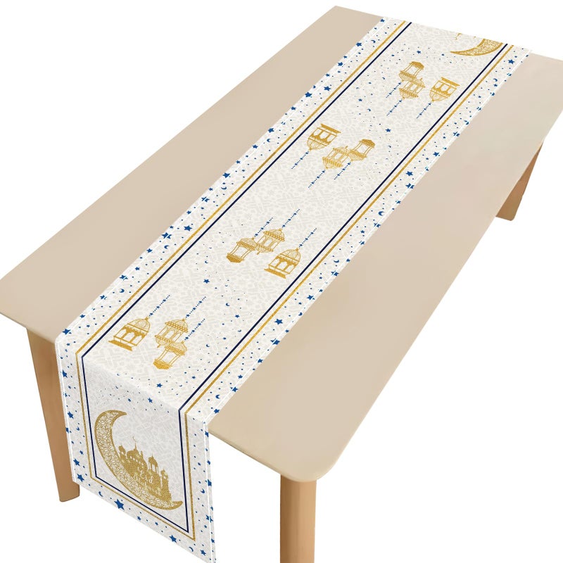 Hedeey Eid Mubarak Table Runner Decoration, Ramadan Mosque Gold Moon Stars Islamic Happy Holiday for Dining Party Table Decorations Home,13x72 Inches (Beige) - Image 1