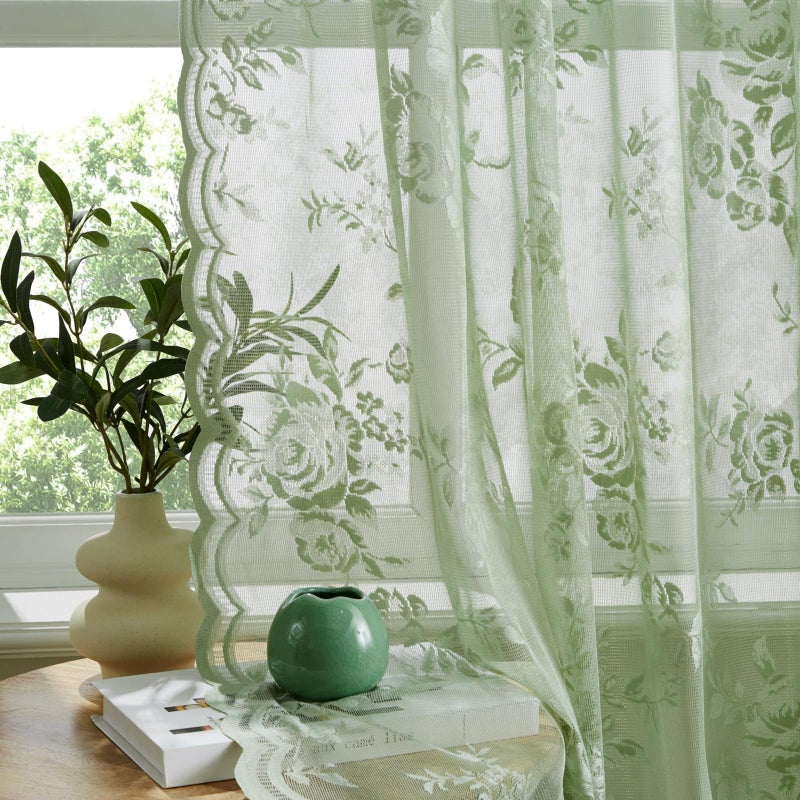 SEEKRIGHT Sage Green Lace Curtains 84 Inches Long Country Rustic Floral Sheer Curtains for Living Room Bedroom Spring Drapes Rod Pocket Light Filtering Light Green Lace Curtain for Dining Room Decor, 52x84 - Image 4