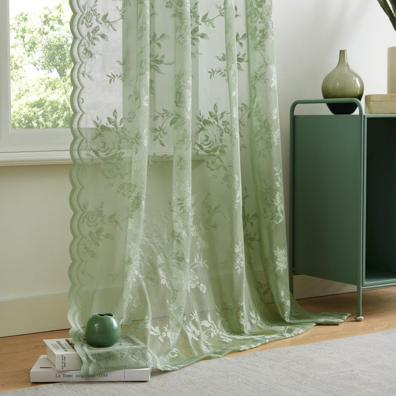 SEEKRIGHT Sage Green Lace Curtains 84 Inches Long Country Rustic Floral Sheer Curtains for Living Room Bedroom Spring Drapes Rod Pocket Light Filtering Light Green Lace Curtain for Dining Room Decor, 52x84 - Image 5