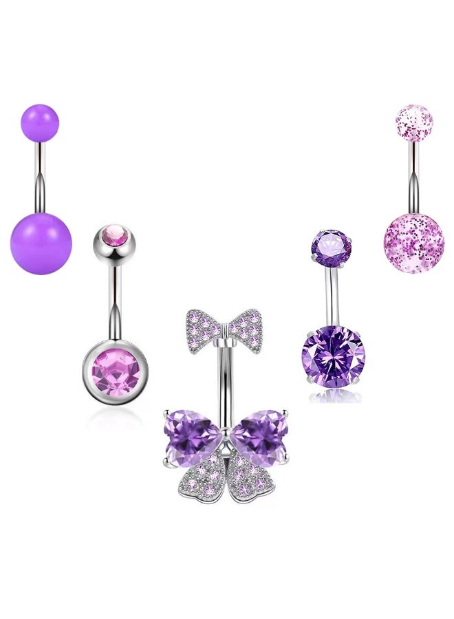 إينوشا مجموعة 5 قطع من إبر السرة القصيرة من الاستانلس ستيل - مرصعة بكريستال بنفسجي بتصميم انيق على شكل فراشة - Image 1
