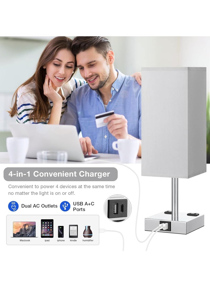 AOOEDDI Touch Bedside Table Lamp Set of 2, 3-Way Dimmable Night Lamp with USB A + Type C Charging Ports and Two AC Outlets, Small Desk Light with E26 LED Bulb for Bedroom Living Room Dorm Office