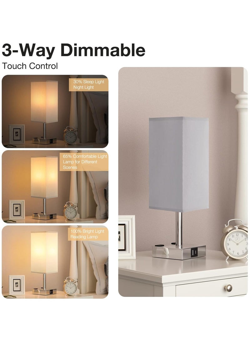 AOOEDDI Touch Bedside Table Lamp Set of 2, 3-Way Dimmable Night Lamp with USB A + Type C Charging Ports and Two AC Outlets, Small Desk Light with E26 LED Bulb for Bedroom Living Room Dorm Office