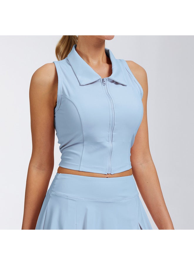 Sleeveless Quick-dry Lapel Sports Top With Fixed Cups For Women, Shockproof Slim-fit Tennis Wear, Yoga Tank Top For Women