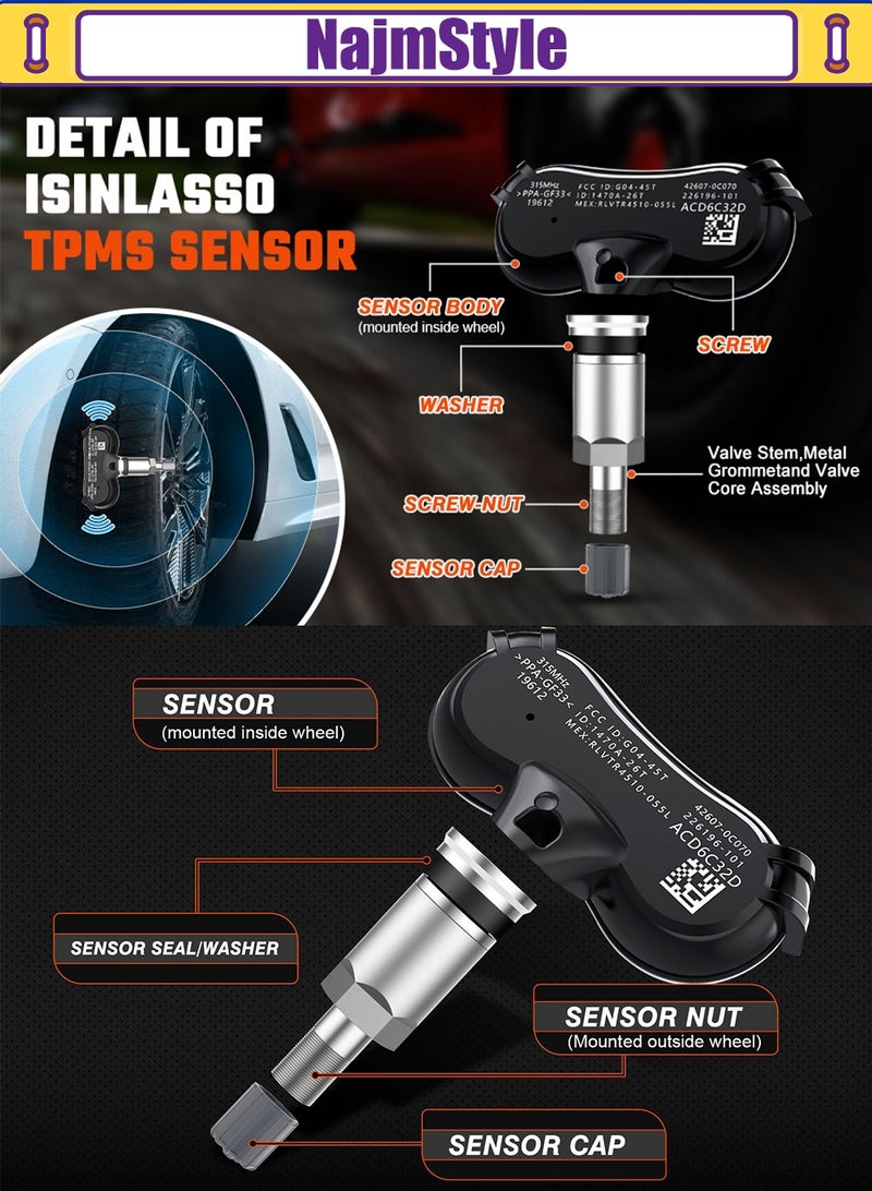 نجم ستايل 42607070C070 مستشعر TPMS، مستشعر ضغط الإطارات المبرمج مسبقًا 315 ميجا هرتز لتويوتا سيكويا 2006-2017 سيينا 2006-2020 تندرا 2006-2017 مستشعر TPS بديل 529333X200 TPM102 4 قطع - Image 3