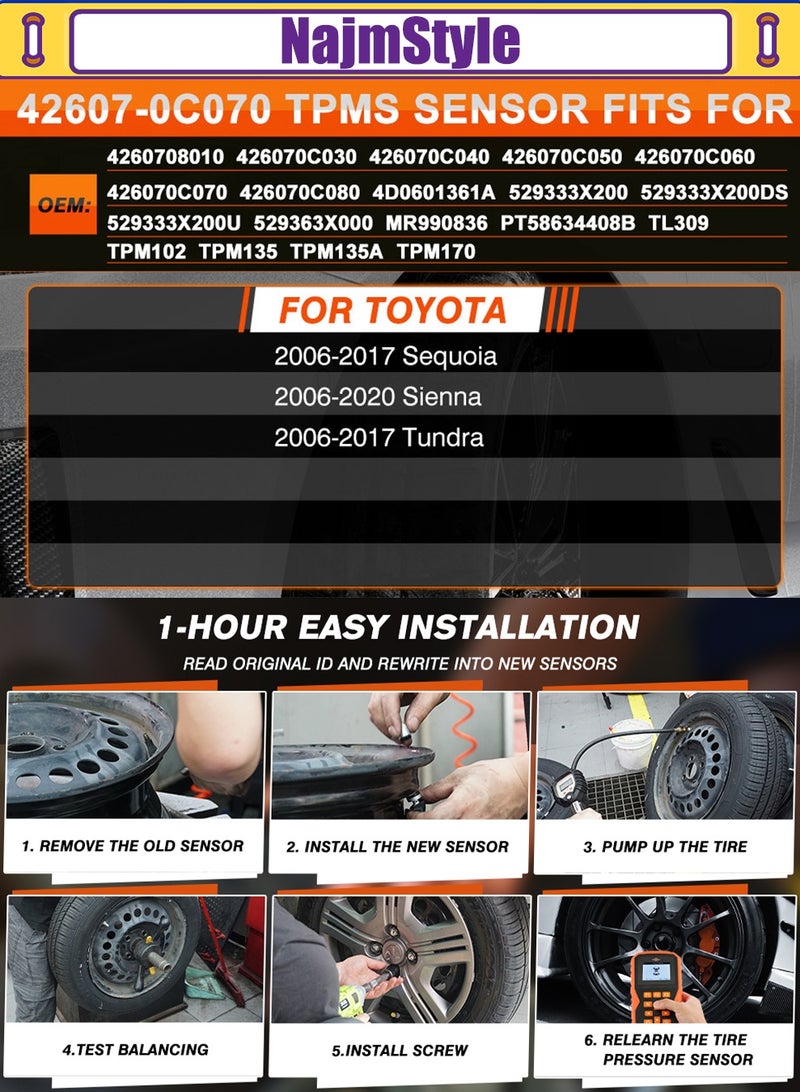 نجم ستايل 42607070C070 مستشعر TPMS، مستشعر ضغط الإطارات المبرمج مسبقًا 315 ميجا هرتز لتويوتا سيكويا 2006-2017 سيينا 2006-2020 تندرا 2006-2017 مستشعر TPS بديل 529333X200 TPM102 4 قطع - Image 2