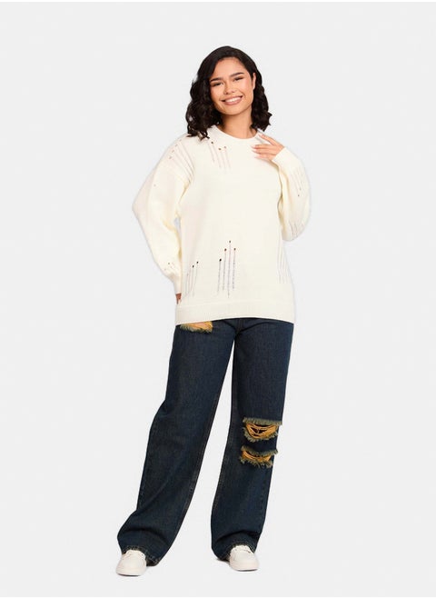 Women Pullover Loose Fit Off White