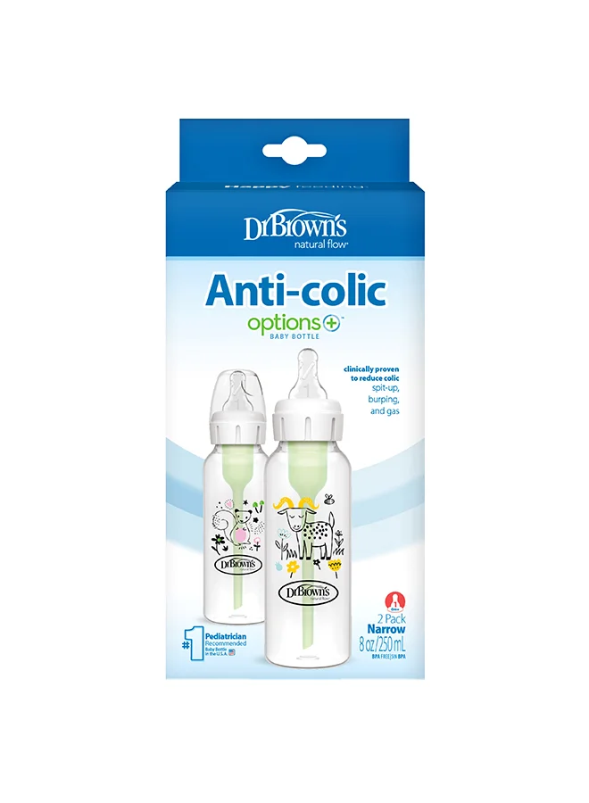 دكتور براونز 8 oz/250 mL PP Narrow Anti-Colic Options+ Baby Bottle, Squirrel/Goat, 2-Pack