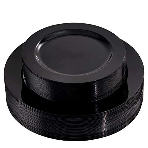 FLOWERCAT 60PCS Black Plastic Plates - Heavy Duty Black Disposable Plates for 30 guests Halloween Party/Wedding/New Year - Include 30PCS 10.25inch Dinner Plates and 30PCS 7.5inch Dessert Plates - Image 1