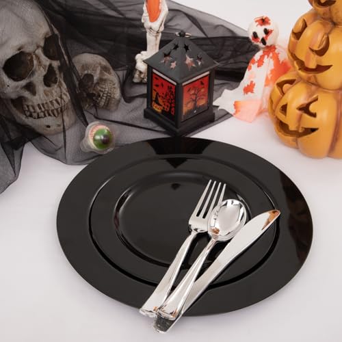 FLOWERCAT 60PCS Black Plastic Plates - Heavy Duty Black Disposable Plates for 30 guests Halloween Party/Wedding/New Year - Include 30PCS 10.25inch Dinner Plates and 30PCS 7.5inch Dessert Plates - Image 5