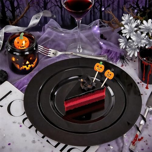 FLOWERCAT 60PCS Black Plastic Plates - Heavy Duty Black Disposable Plates for 30 guests Halloween Party/Wedding/New Year - Include 30PCS 10.25inch Dinner Plates and 30PCS 7.5inch Dessert Plates - Image 3