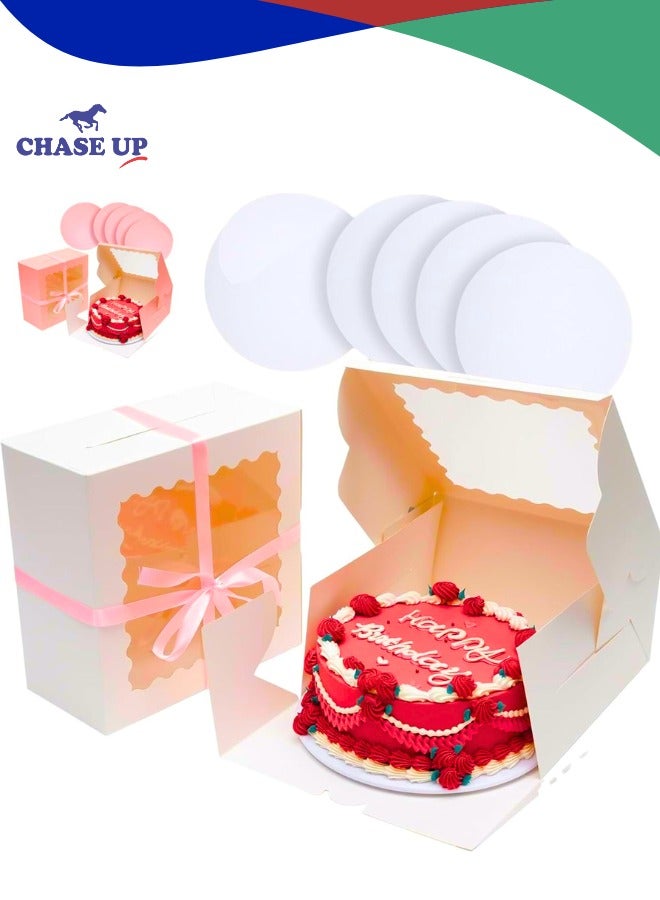 Chase Up (5 Sets) Cake Box 10x10x5 with Window ＆ 5 Sets 10" White and Cake Round Boards, Cake Container 25.4 cm x 25.4 cm x 12.7 cm (White) - Image 1
