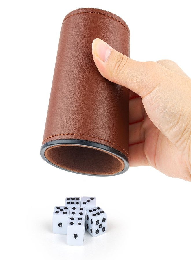 RERIVER Felt-Lined PU Leather Dice Cup Set, 6 Quiet Shaker Cups With 36 Dice for Bar Party Yahtzee Farkle Games, Dark Brown - Image 5