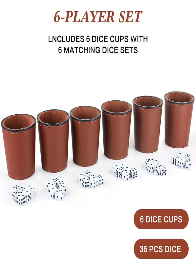 RERIVER Felt-Lined PU Leather Dice Cup Set, 6 Quiet Shaker Cups With 36 Dice for Bar Party Yahtzee Farkle Games, Dark Brown - Image 4