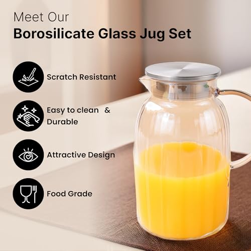 UMAI Borosilicate Jug Sets (Jug (1600ml) & 4 Glasses (260ml) | Glass Water Jug with Lid | Designer Glass Jug for Water, Juice, Coffee, Iced Tea | Gift Items | Kitchen Accessories Items - Image 2