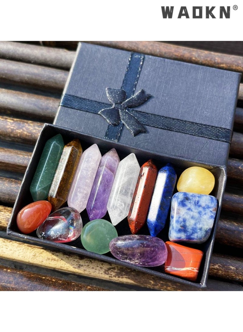 WAOKN Crystal Gifts, Premium Healing Crystals - 7 Chakra Set Tumbled Stones, 7 Chakra Stone Set Meditation Stone Yoga Amulet With Gift,Double Pointed Stone Tiger Eye Amethyst Powder Crystal Handicraft - Image 1