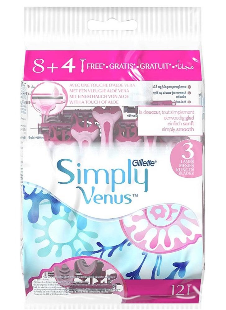 Venus Gillette Simply 3 Disposable Blades Pack for Women 8+4 Pieces 