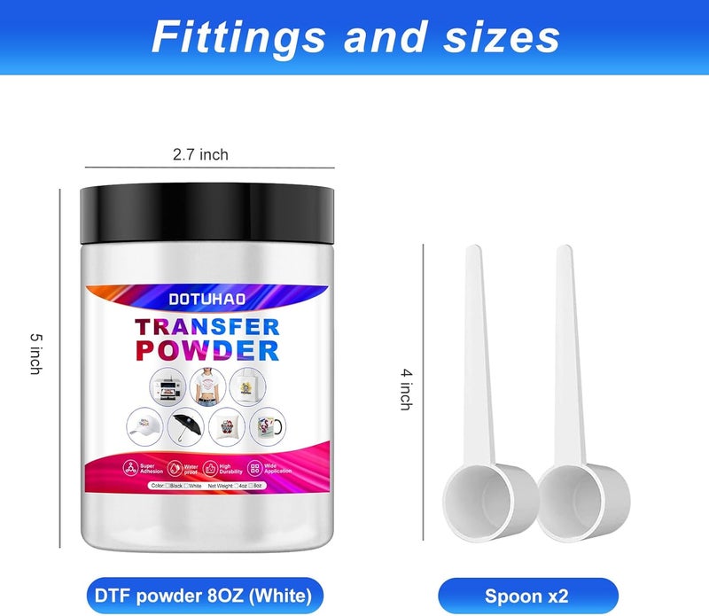 DOTUHAO DTF Powder Black Digital Transfer Hot Melt Adhesive with 2 Spoon for Dark Colored Garments, DTF Hot Melt Adhesive Powder for All DTF and DTG Printers, 8oz (White,8oz) - Image 2