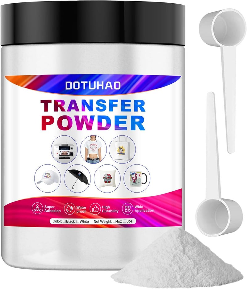 DOTUHAO DTF Powder Black Digital Transfer Hot Melt Adhesive with 2 Spoon for Dark Colored Garments, DTF Hot Melt Adhesive Powder for All DTF and DTG Printers, 8oz (White,8oz) - Image 1