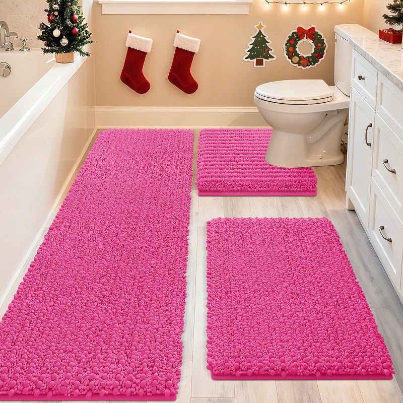 ACCUMTEK Upgrade Extra Large Shiny Pink Bathroom Rug Set 3 Pieces Ultra Soft Thick Absorbent Bath Mats Non Slip Chenille Toilet Mat for Bathroom Bedroom Kitchen