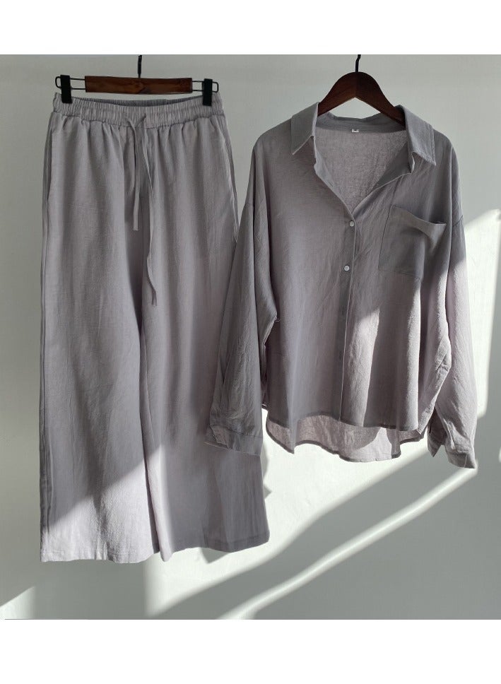 عام نسائي 2 قطعة موضة كلاسيكية لون الصلبة القطن الكتان مجموعة قميص الصيف الربيع حجم كبير نسائي متنفس بارد كم طويل لفة الرقبة قميص فضفاض السراويل - Image 1