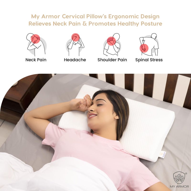 MYARMOR MY ARMOR Cervical Pillow for Neck Pain, Spondylitis Neck, Extra Curve Neck Support Contour, Orthopedic Memory Foam Pillow for Sleeping, Dual Height, White, Regular - Image 4
