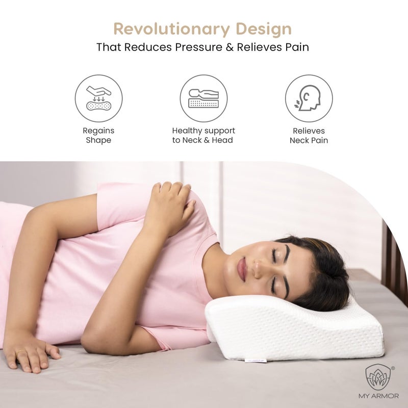 MYARMOR MY ARMOR Cervical Pillow for Neck Pain, Spondylitis Neck, Extra Curve Neck Support Contour, Orthopedic Memory Foam Pillow for Sleeping, Dual Height, White, Regular - Image 2