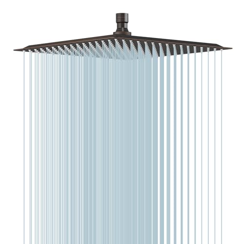 BESy 12 Inch Rain Shower Head, 12" Square Rainfall & High Pressure Stainless Steel Bath Showerhead, 1/16" Ultra Thin, Waterfall Full Body Coverage with Silicone Nozzle, Oil Rubbed Bronze Finish - Image 1