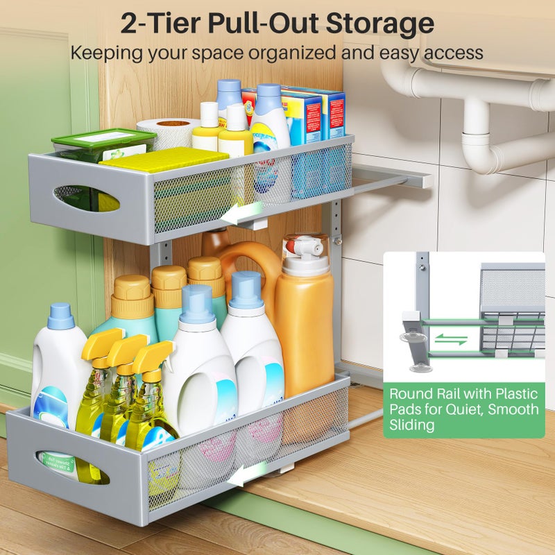 Kitstorack 1 Pack Under Sink Organizer, 2 Tier Pull out Cabinet Organizer Mesh Baskets with 5 Adjustable Heights, Sliding Drawers Storage Shelf for Home, Kitchen, Bathroom, Pantry, Office, Countertop ,Grey - Image 3