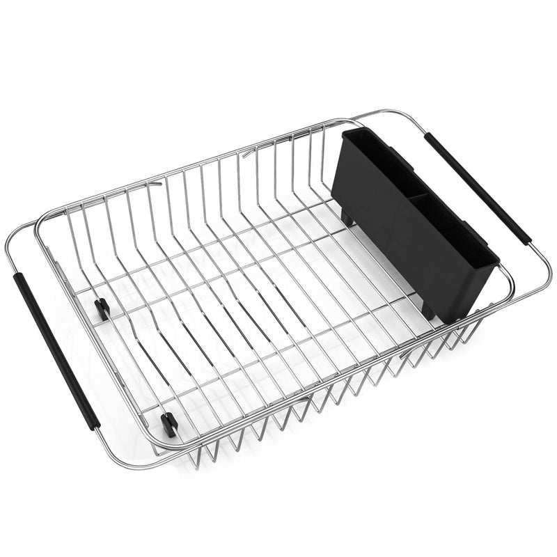 iPEGTOP Expandable Dish Drying Rack Over The Sink Dish Rack in Sink Or On Counter Dish Drainer with Black Utensil Holder Cutlery Tray Rustproof Stainless Steel for Kitchen