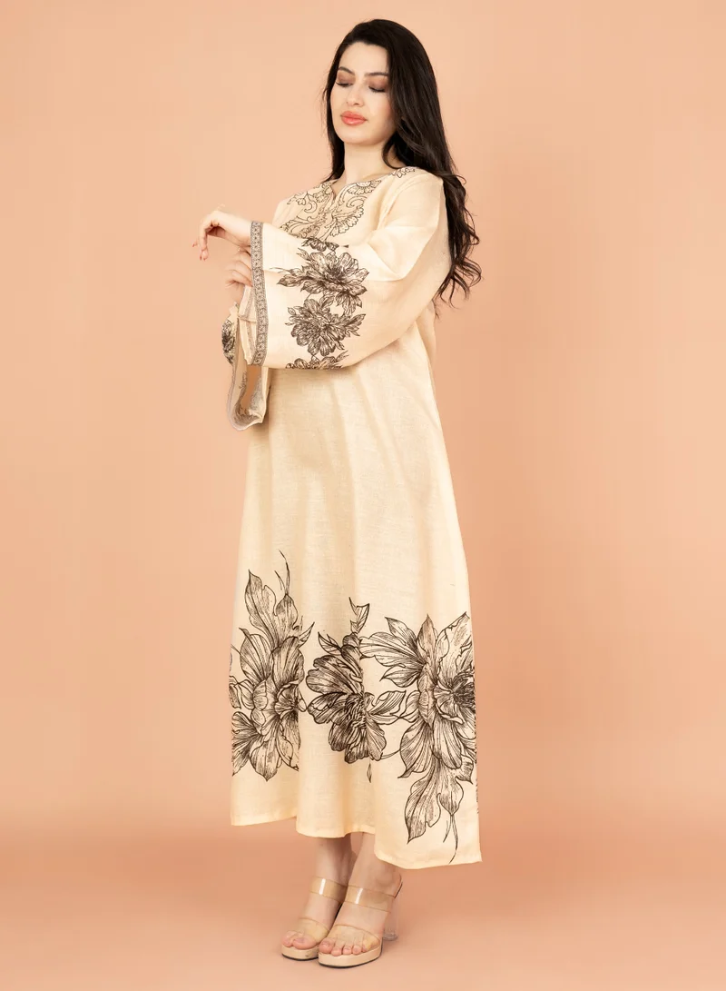 IKKXA Embellished Floral Touch Solid Jalabiya IN1025 Beige