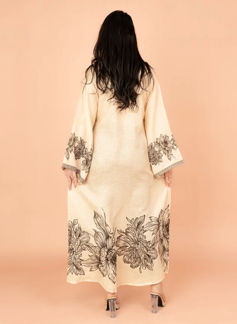 IKKXA Embellished Floral Touch Solid Jalabiya IN1025 Beige