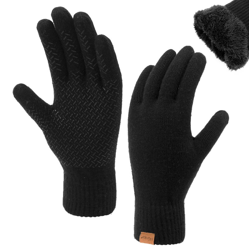 ViGrace Winter Touchscreen Gloves for Men & Women with 3 Fingers Thickened Wool Dual-layer Touch Screen Warm Lined Anti-Slip Thermal Knit Driving Texting Glove(Black, Thickened, Medium) - Image 1