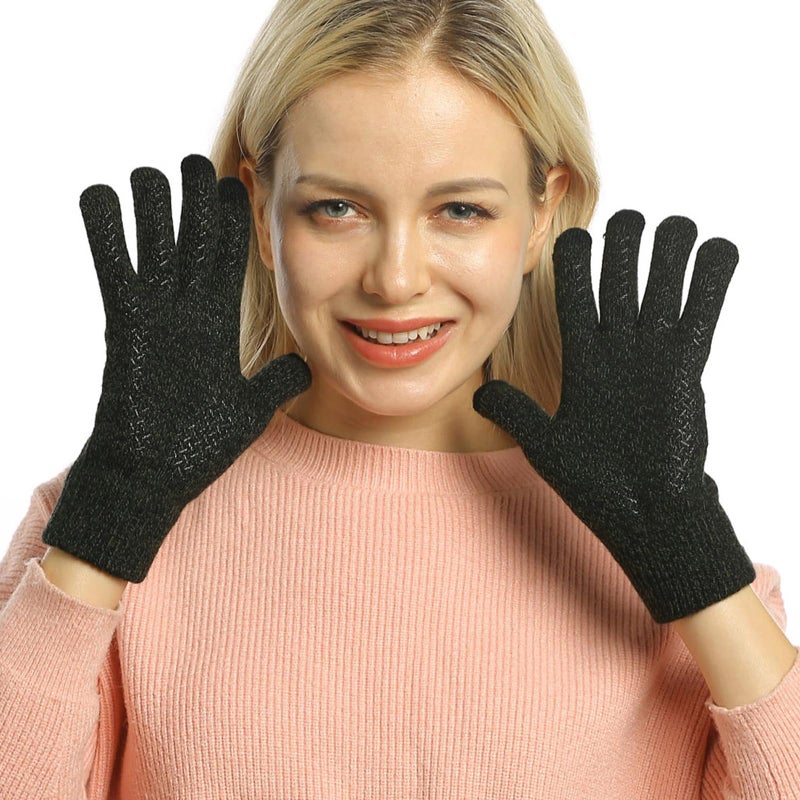 ViGrace Winter Touchscreen Gloves for Men & Women with 3 Fingers Thickened Wool Dual-layer Touch Screen Warm Lined Anti-Slip Thermal Knit Driving Texting Glove(Black, Thickened, Medium) - Image 4