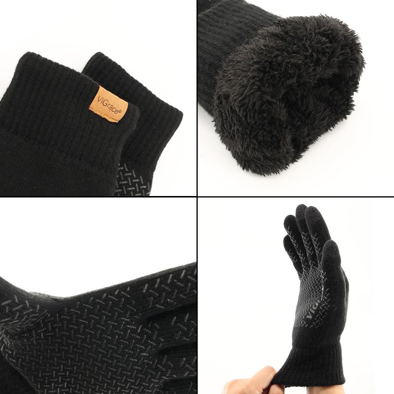 ViGrace Winter Touchscreen Gloves for Men & Women with 3 Fingers Thickened Wool Dual-layer Touch Screen Warm Lined Anti-Slip Thermal Knit Driving Texting Glove(Black, Thickened, Medium) - Image 5