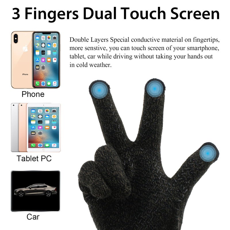 ViGrace Winter Touchscreen Gloves for Men & Women with 3 Fingers Thickened Wool Dual-layer Touch Screen Warm Lined Anti-Slip Thermal Knit Driving Texting Glove(Black, Thickened, Medium) - Image 2