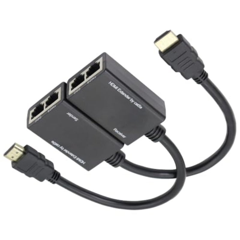 HDMI Extender to RJ45 Over CAT 5e/6 Network LAN Ethernet Cable Adapter Signal Repeater 98ft 1080P HDMI Male to RJ45 Adapter 30M Sender+Receiver, 2 Ports - Image 1