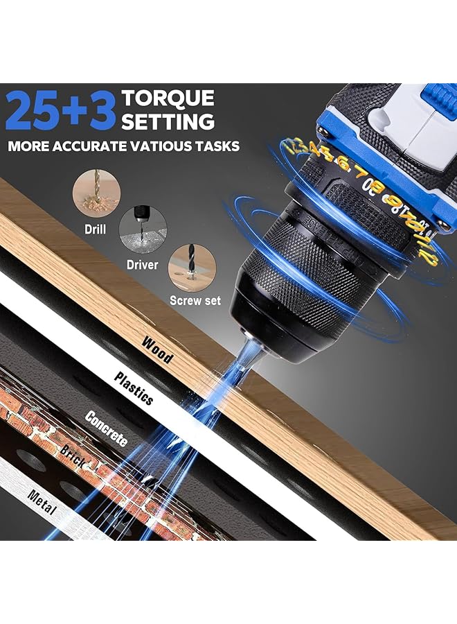 erorex 58V Cordless Drill Brushless Power Drill Set With 2 Batteries And Charger 3 8 Inch Chuck Electric Drill Driver 25 Torque Setting 2 Variable Speed Led Light Drill Driver Bits Included - Image 3