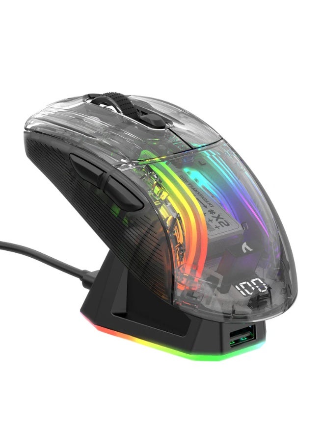 Attack Shark X2 Pro Transparent Wireless Gaming Mouse – 4000 DPI, Tri-Mode (2.4GHz/Bluetooth/Wired USB-C), RGB Lighting, PixArt PAW3212 Sensor, Silent Clicks, Rechargeable Battery with Charging Dock, Ergonomic Design | Black - Image 1