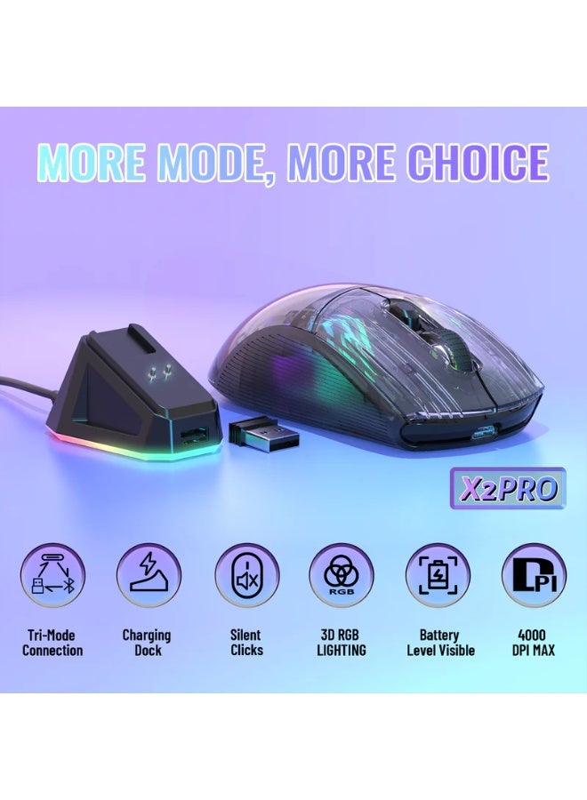 Attack Shark X2 Pro Transparent Wireless Gaming Mouse – 4000 DPI, Tri-Mode (2.4GHz/Bluetooth/Wired USB-C), RGB Lighting, PixArt PAW3212 Sensor, Silent Clicks, Rechargeable Battery with Charging Dock, Ergonomic Design | Black - Image 2
