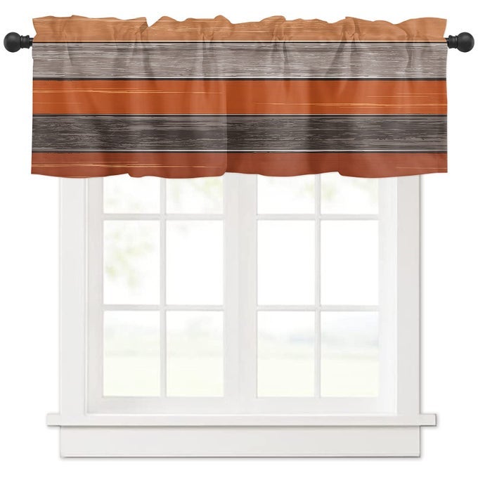 VINTAGE FARM WOOD GRAIN VALANCE CURTAINS ORANGE AND GRAY GRADIENT WINDOW DECOR FOR LIVING ROOM BATHROOM BEDROOM LIGHT FILTERING SHORT KITCHEN CURTAIN ROD POCKET 54X18
