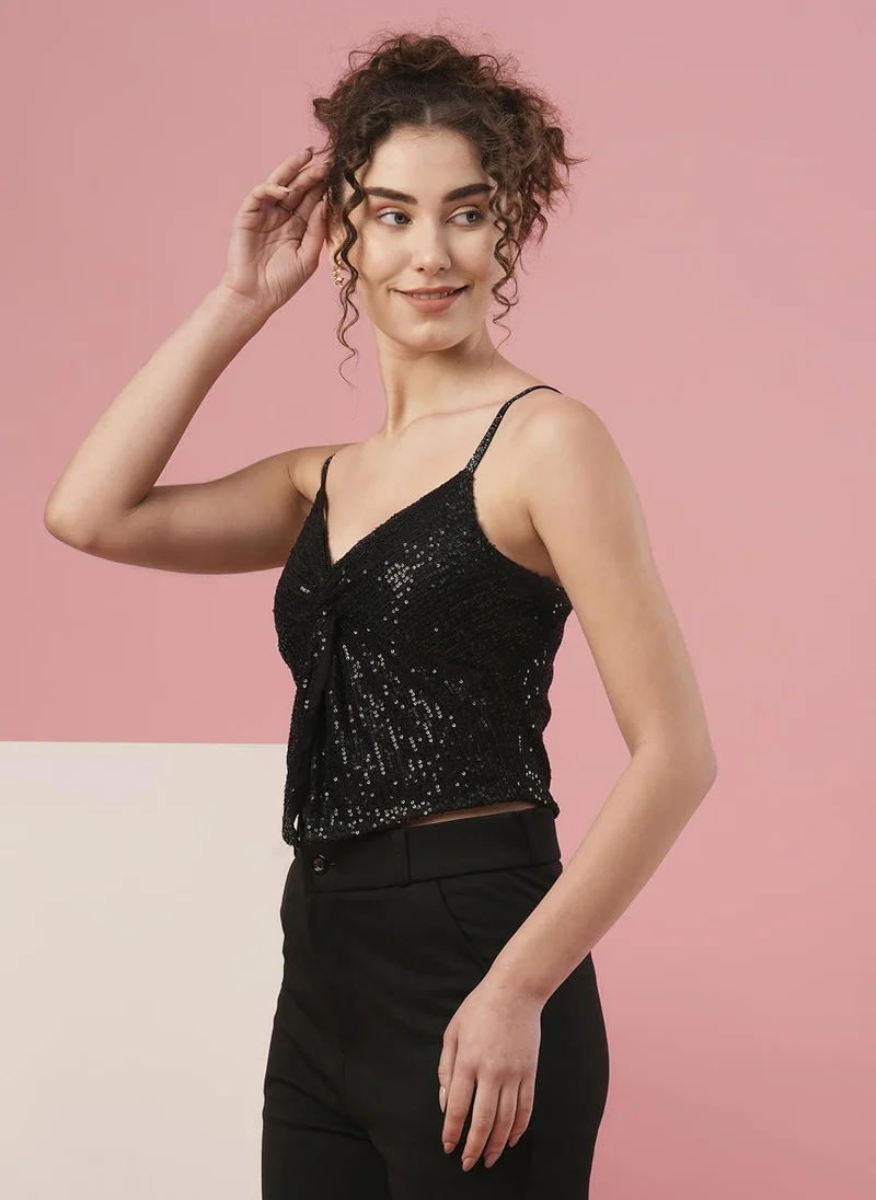 globus Globus Women Sweetheart Neck Shoulder Straps Twisted Detail Sequinned Party Top