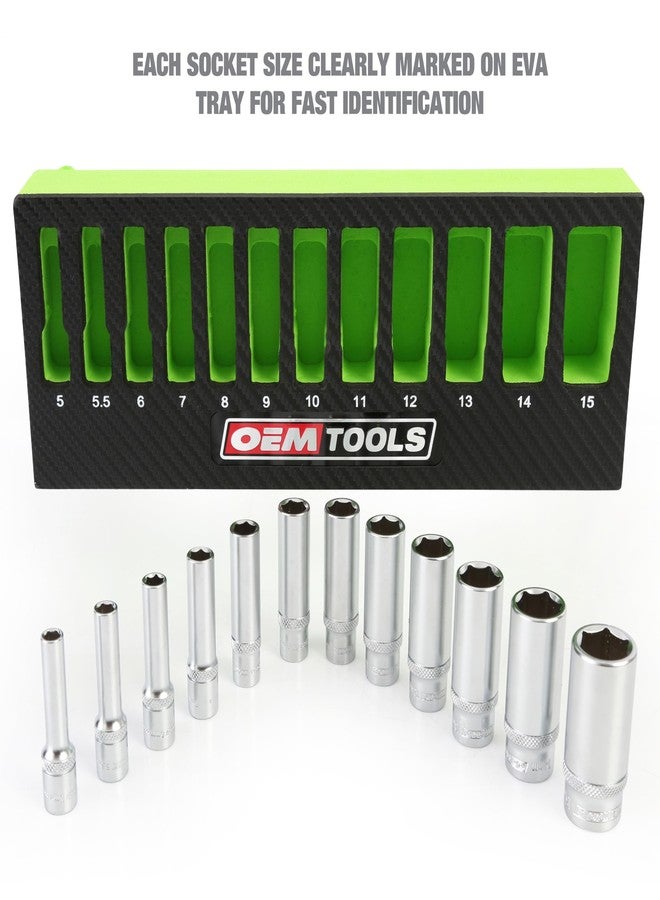 أو إي إم تولز مجموعة مقابس عميقة 1/4 من OEMTOOLS 23986، مكونة من 12 قطعة، مقاس متري 5-15 مم، مقابس من سبائك الفولاذ المعالجة حرارياً، لمسة نهائية من الكروم الصلب، صينية تخزين من مادة EVA - Image 2