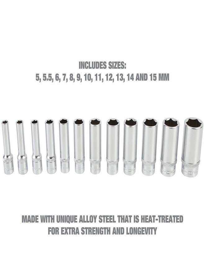 أو إي إم تولز مجموعة مقابس عميقة 1/4 من OEMTOOLS 23986، مكونة من 12 قطعة، مقاس متري 5-15 مم، مقابس من سبائك الفولاذ المعالجة حرارياً، لمسة نهائية من الكروم الصلب، صينية تخزين من مادة EVA - Image 4