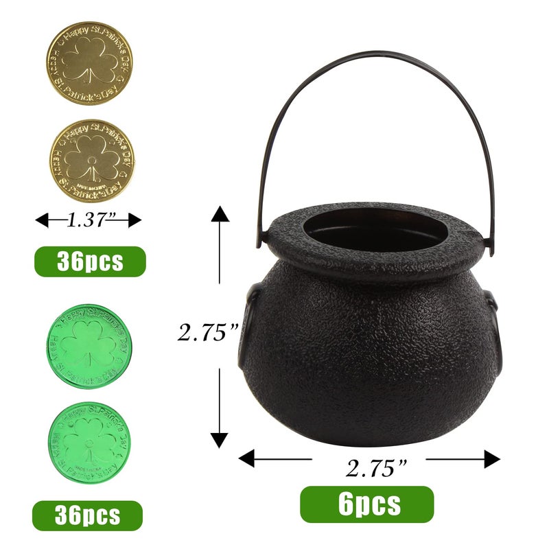 FOIMAS Mini Black Cauldron,6pcs Plastic Candy Kettle with 72pcs Shamrock Coins for St Patrick's Day Party Decoration Supply - Image 2