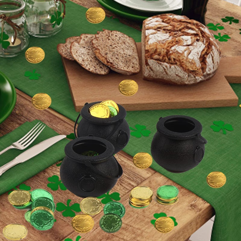 FOIMAS Mini Black Cauldron,6pcs Plastic Candy Kettle with 72pcs Shamrock Coins for St Patrick's Day Party Decoration Supply - Image 5