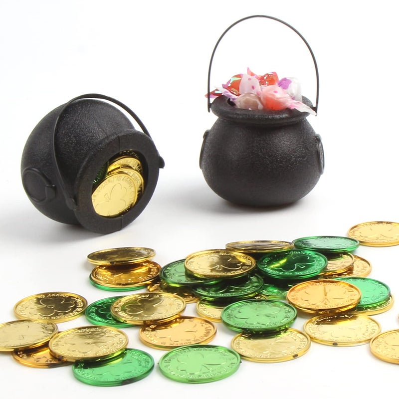 FOIMAS Mini Black Cauldron,6pcs Plastic Candy Kettle with 72pcs Shamrock Coins for St Patrick's Day Party Decoration Supply - Image 4