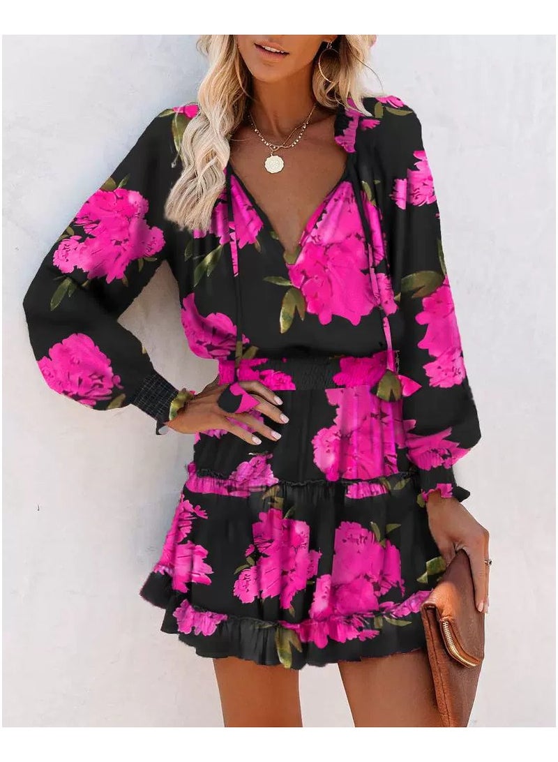 general Printed V-neck Fitted Halter-top Long-Sleeved Dress - Image 1