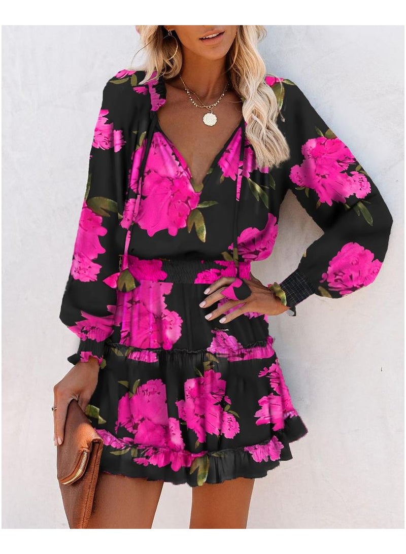 general Printed V-neck Fitted Halter-top Long-Sleeved Dress - Image 2